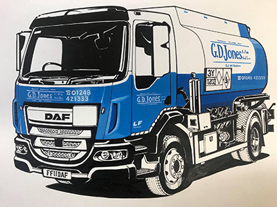 A close up sketch of the front of one of our lorries